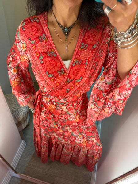 Bohemian Bell Sleeves Kimono Wrap Dress 
