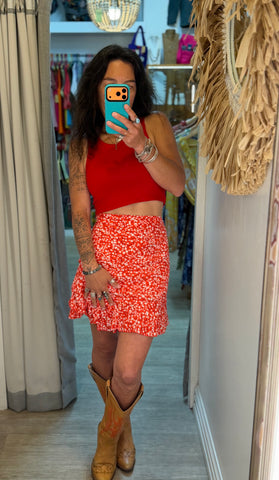 Red Floral Wrap Skirt