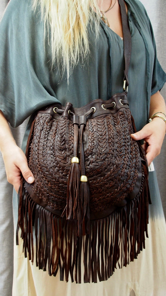 Source Handwoven bohemian western style fringe purse Boho tote bag Brown  soft leather fringe purse Handbag with tassels fringe on m.