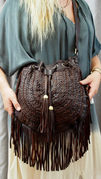 Gypsy Weave Leather Fringed Boho Bag