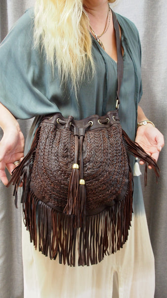 Gypsy Weave Leather Fringed Boho Bag