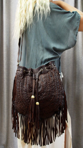 Gypsy Weave Leather Fringed Boho Bag